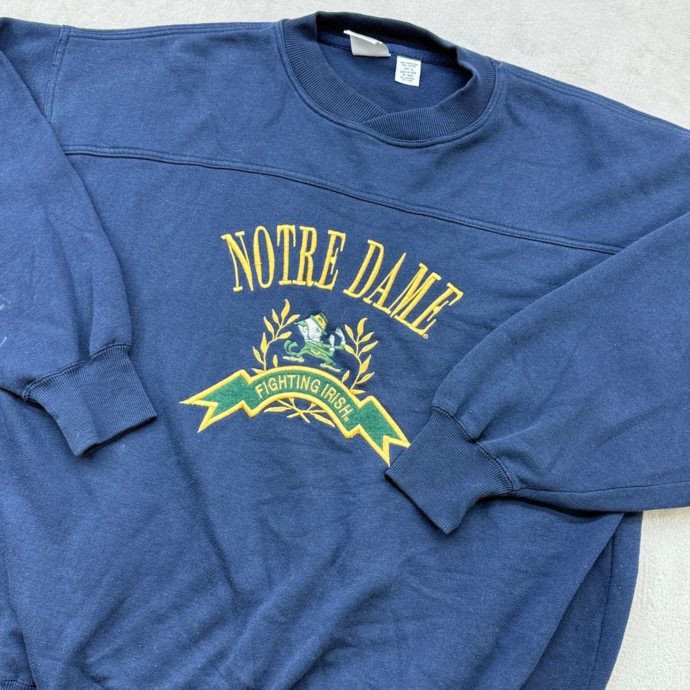 VTG Notre Dame Fighting Irish Sweatshirt Men L Navy Embroidered College NCAA Y2K